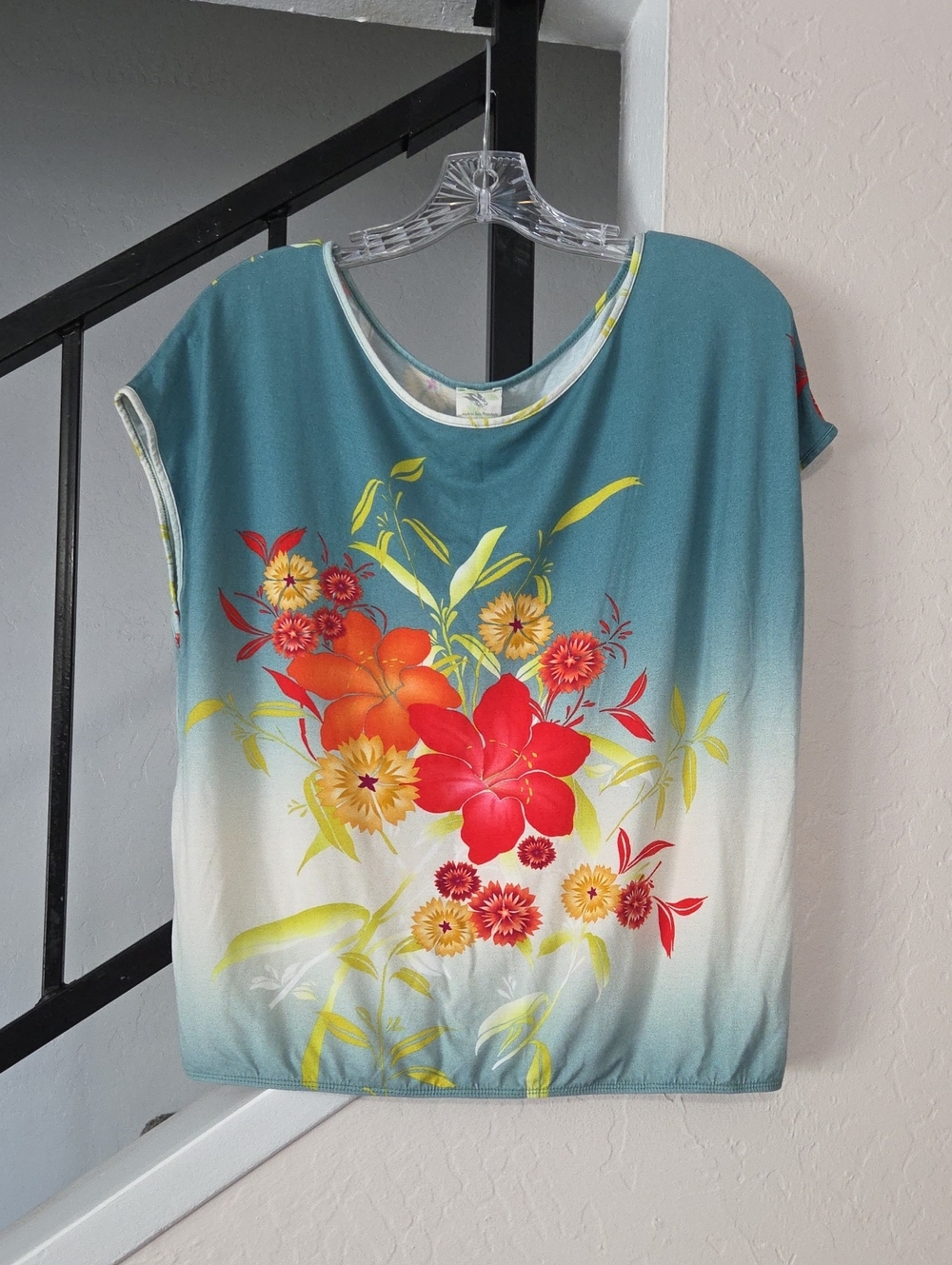 Teal Floral Ombre Cap-Sleeve Top - Women